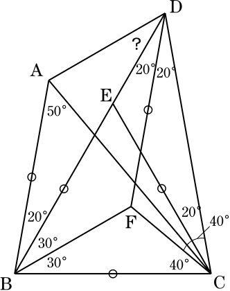 問題（ラングレーの問題）答え　∠BDA=30°証明例1（系列1-13としての証明）証明例2（系列1-13としての証明）証明例3（系列1-13としての証明）証明例4（系列1-5としての証明）証明例5（The Mathematical Gazette誌で最初に紹介された証明の１つ）証明例6（The Mathematical Gazette誌で最初に紹介された証明の１つ）証明例7（The Mathematical Gazette誌で最初に紹介された証明の１つ）証明例8（「フランクリンの凧」という通称の元となった証明）証明例9（mathcircle.berkeley.eduより）証明例10（mathcircle.berkeley.eduより）証明例11（jwilson.coe.uga.eduより）証明例12（「技術系サラリーマンの交差点」より）正弦定理を用いた証明チェバの定理の代数的な言い換えを用いた証明